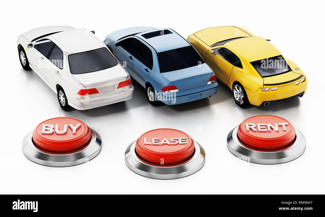 Cars and buy, rent, lease buttons isolated on white background. 3D illustration. Stock Photo