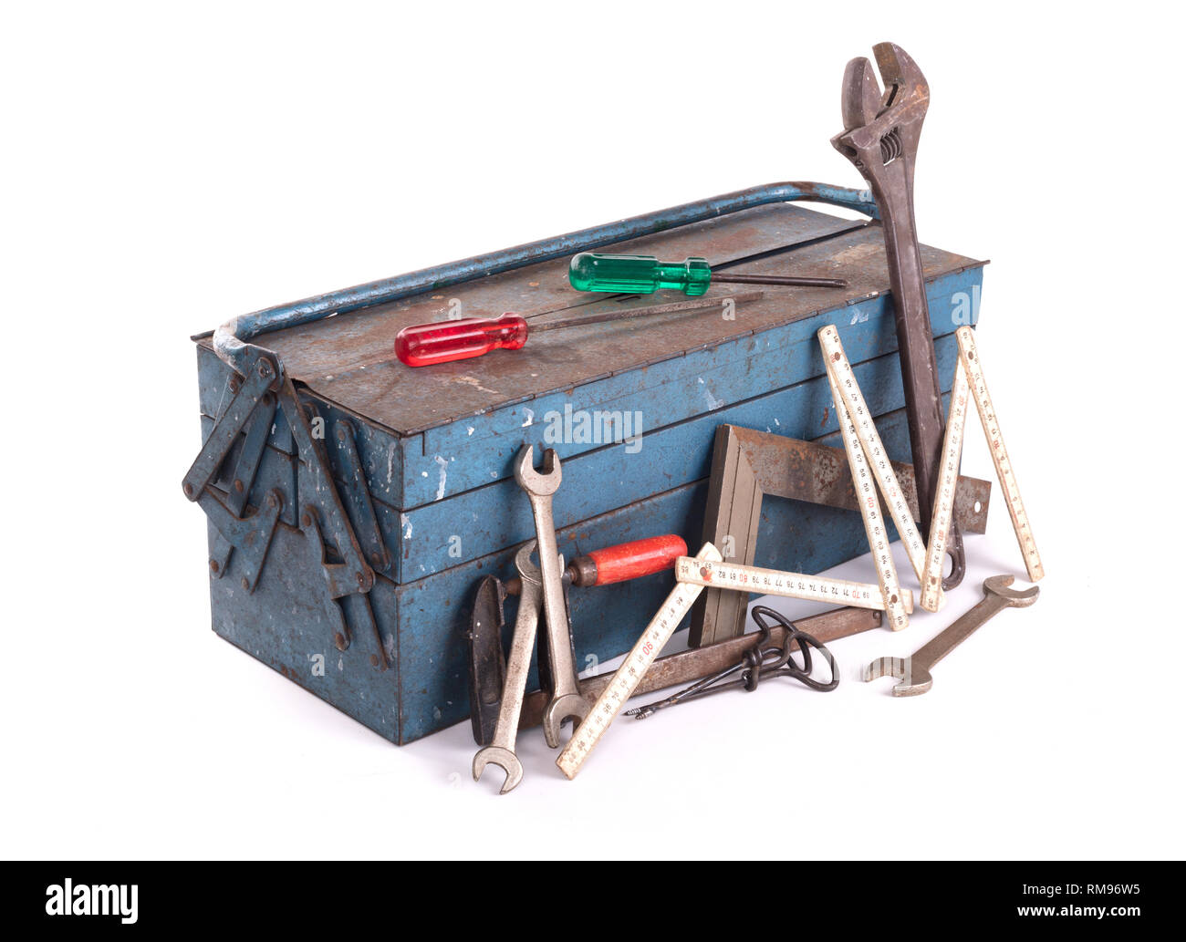 Old toolbox filled with vintage tools, isolated Stock Photo
