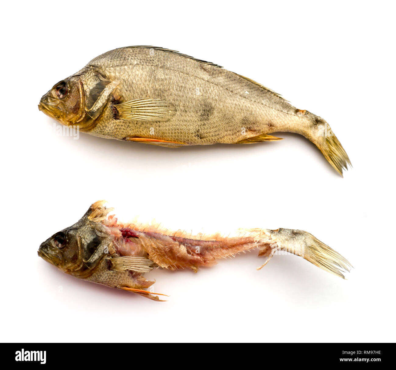 The Dried Fish on a white background. Perch before and after. Stock Photo