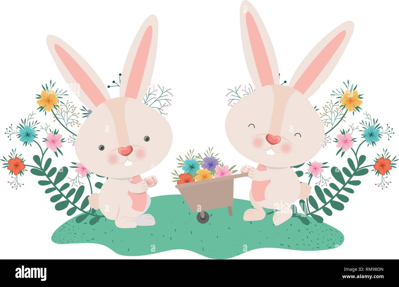 bunnies with wheelbarrow and flowers isolated icon Stock Vector Image ...