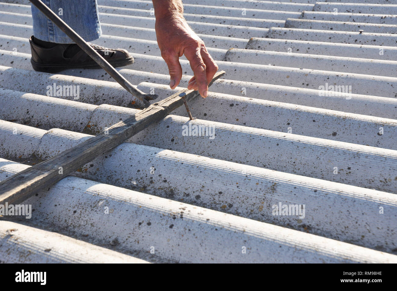 Pull out the nails from asbestos old roof tiles. Roof worker repair and remove dangerous
