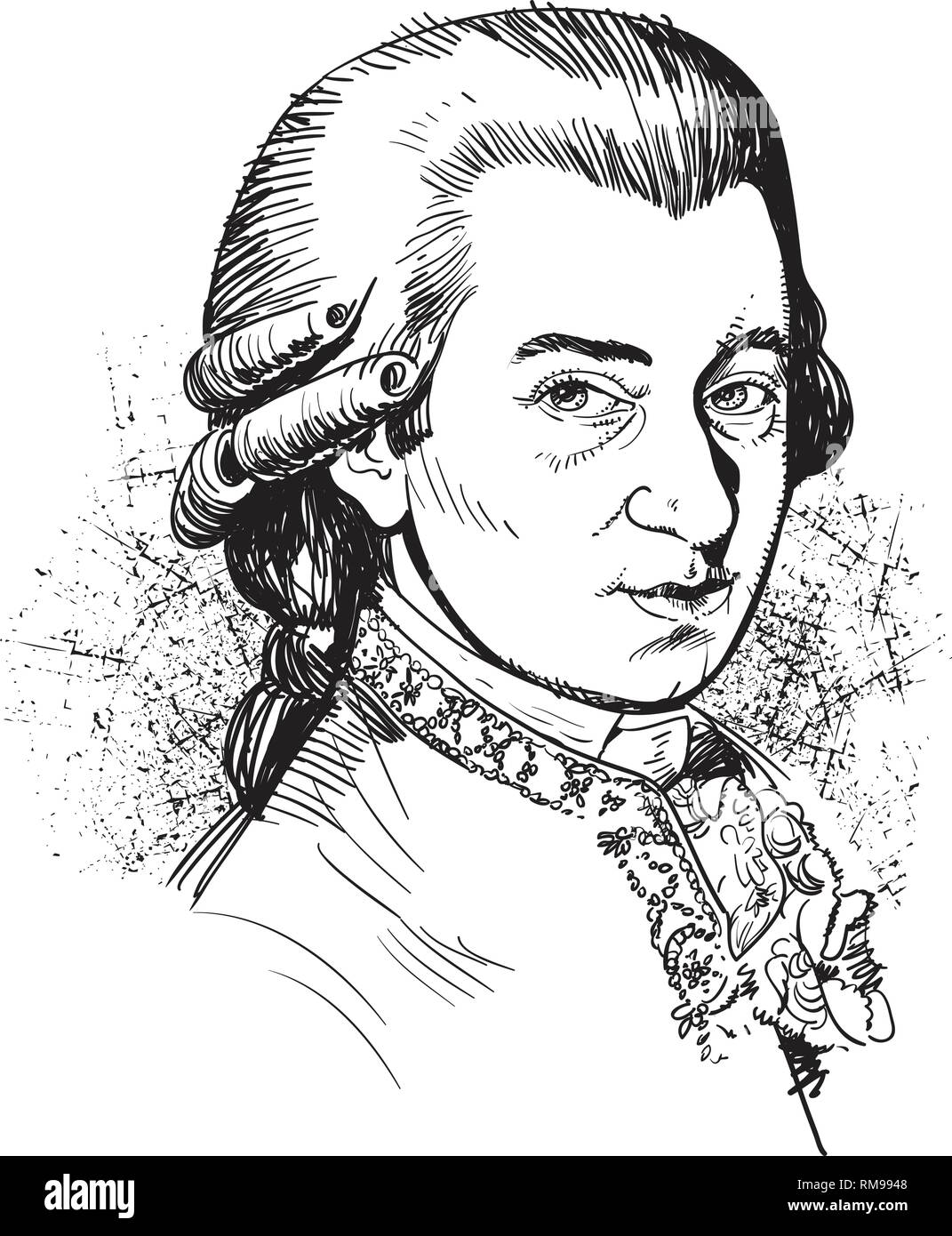 Wolfgang Amadeus Mozart portrait in line art illustration. He was prolific and influential composer of the classical music era. Stock Vector