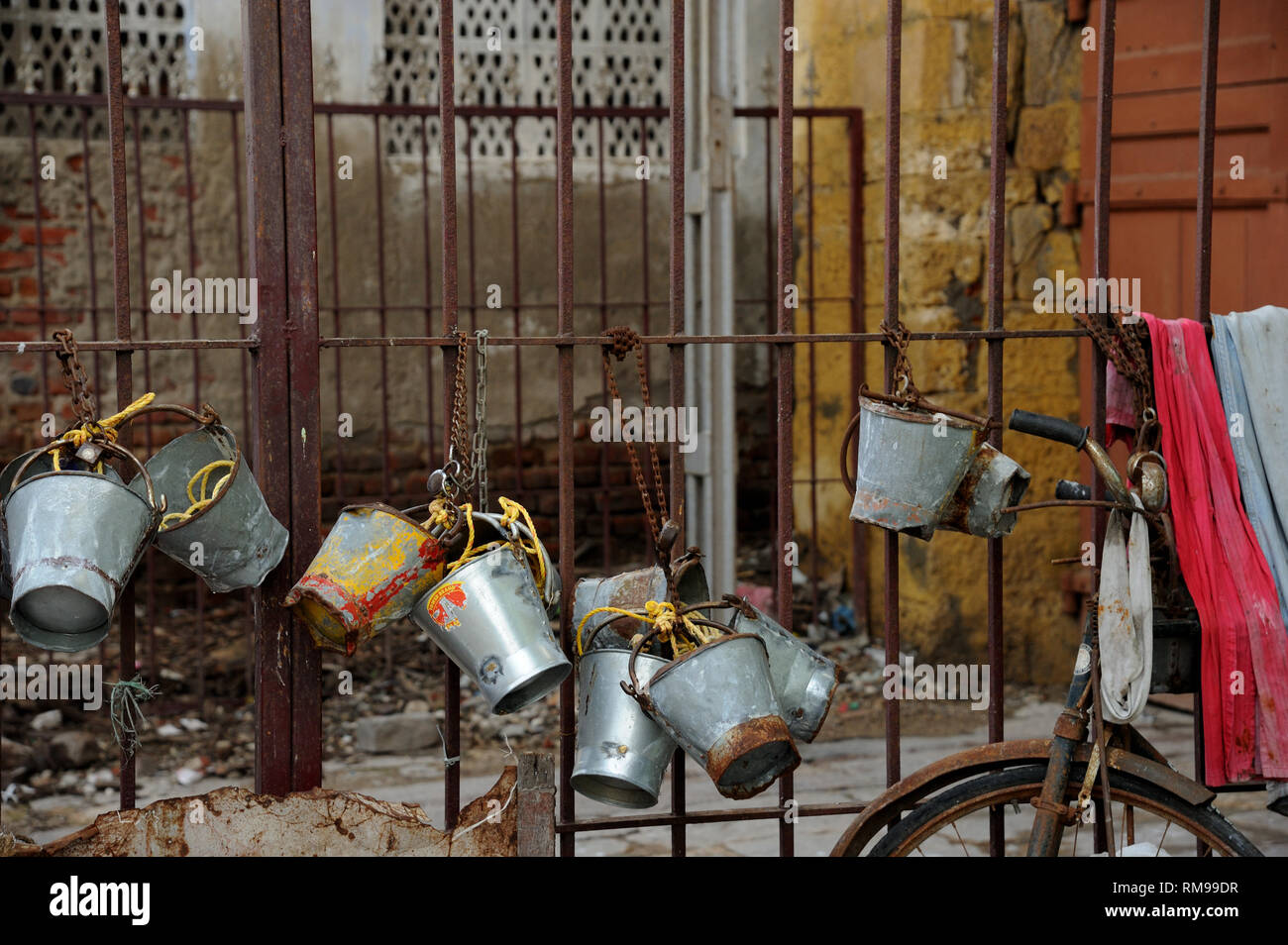 Aluminium buckets, temple, Madurai, Tamil Nadu, India, Asia Stock Photo