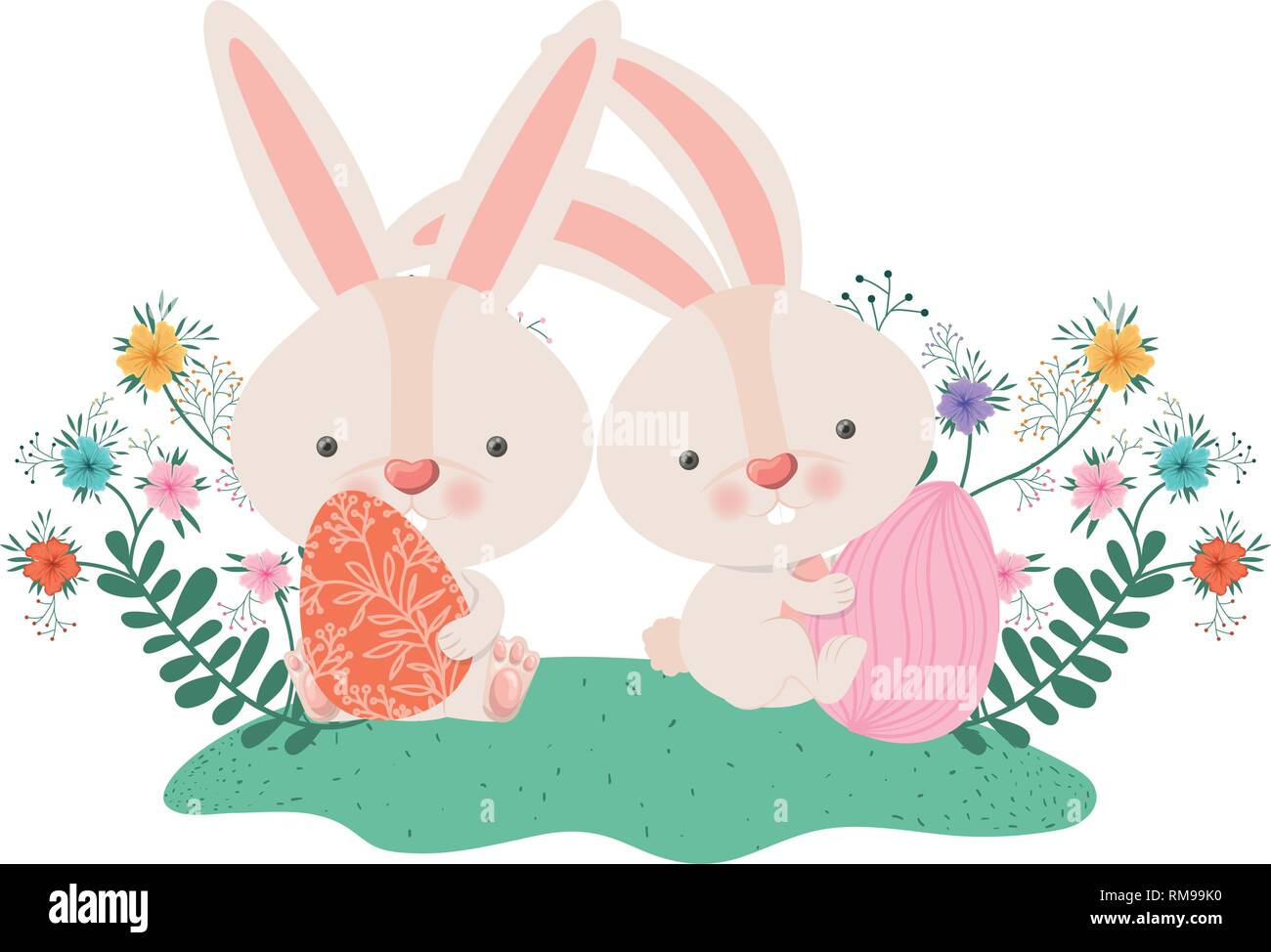 easter rabbits with eggs and flowers icon Stock Vector Image & Art - Alamy