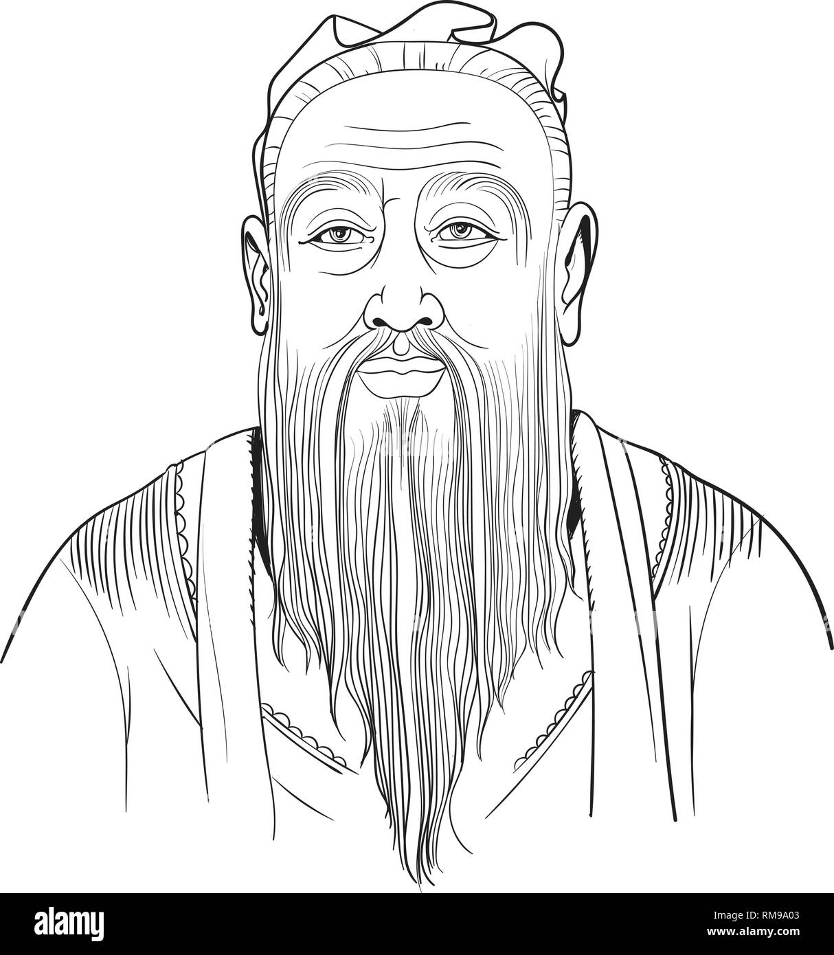 Confucius portrait in line art illustration. He was Chinese philosopher, scholar and teacher of the Spring and Autumn period of Chinese history. Stock Vector