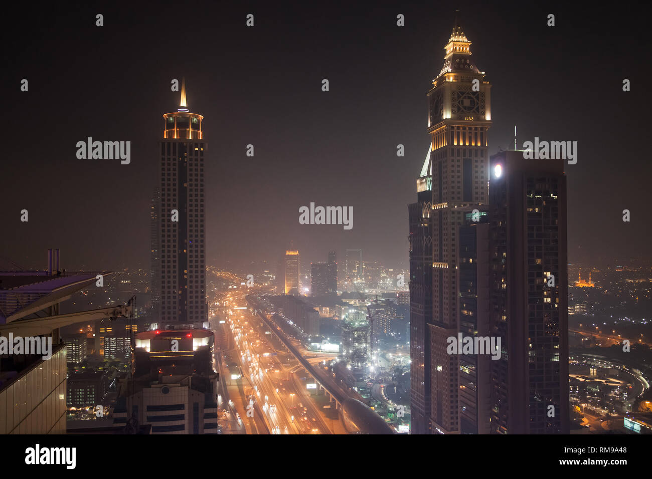 Sheikh Zayed Road at night, Dubai, United Arab Emirates. Stock Photo