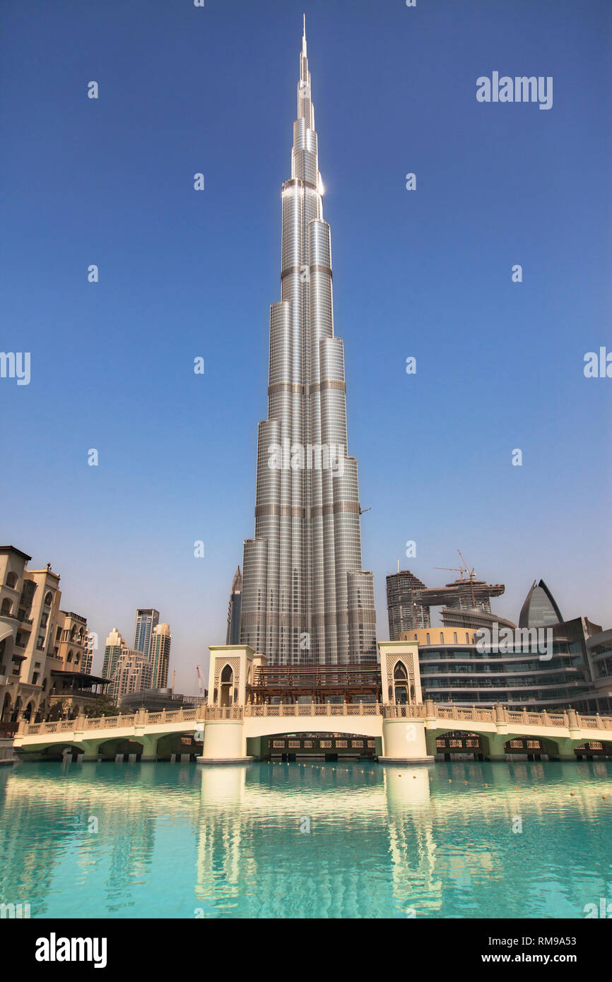 Burj Khalifa and Dubai Fountain Bridge in Dubai, United Arab Emirates. Stock Photo