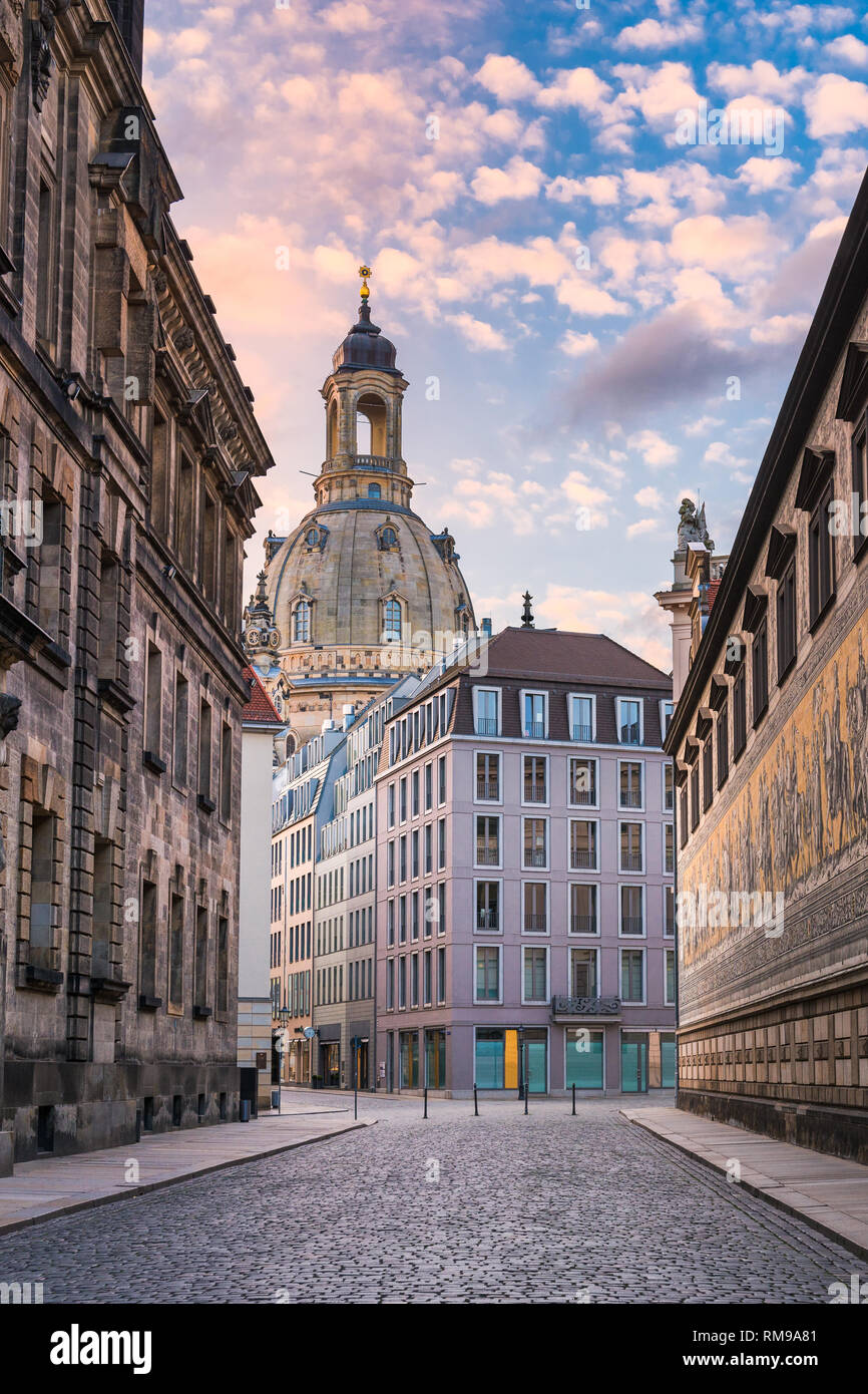 Frauenkirche and Furstenzug in Dresden, Germany Stock Photo