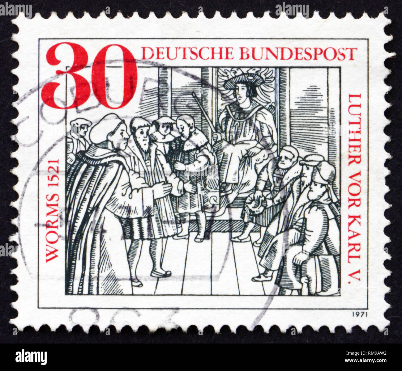 GERMANY - CIRCA 1971: a stamp printed in the Germany shows Diet of Worms, 450th Anniversary, Luther Facing Charles V,Woodcut by Rabus, circa 1971 Stock Photo
