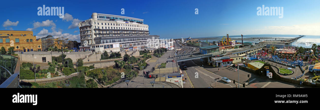 Colour Southend-on-sea seafront panorama, wide image frm beach to town centre, Essex, South East England, UK, SS1 2EJ Stock Photo