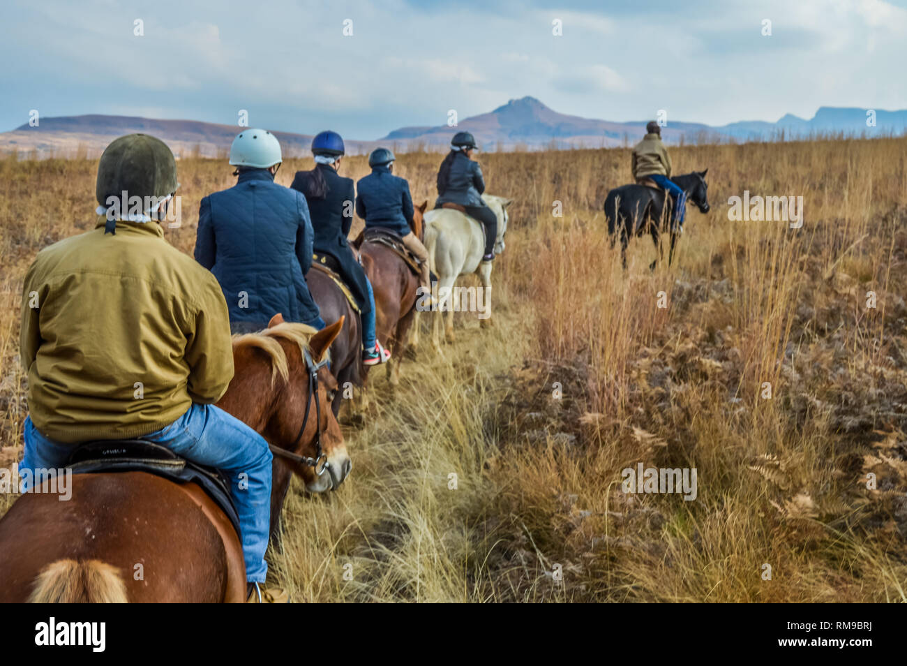 Group of Indian Horse riding riders on a trail in Drakensberg region in ...