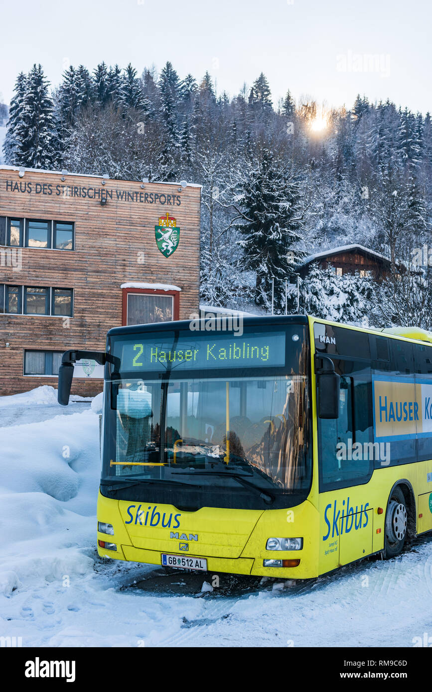 MAN Ski bus at ski region Schladming-Dachstein - Hauser Kaibling, Ski Amade, Dachstein massif, Liezen District, Styria, Austria, Europe Stock Photo