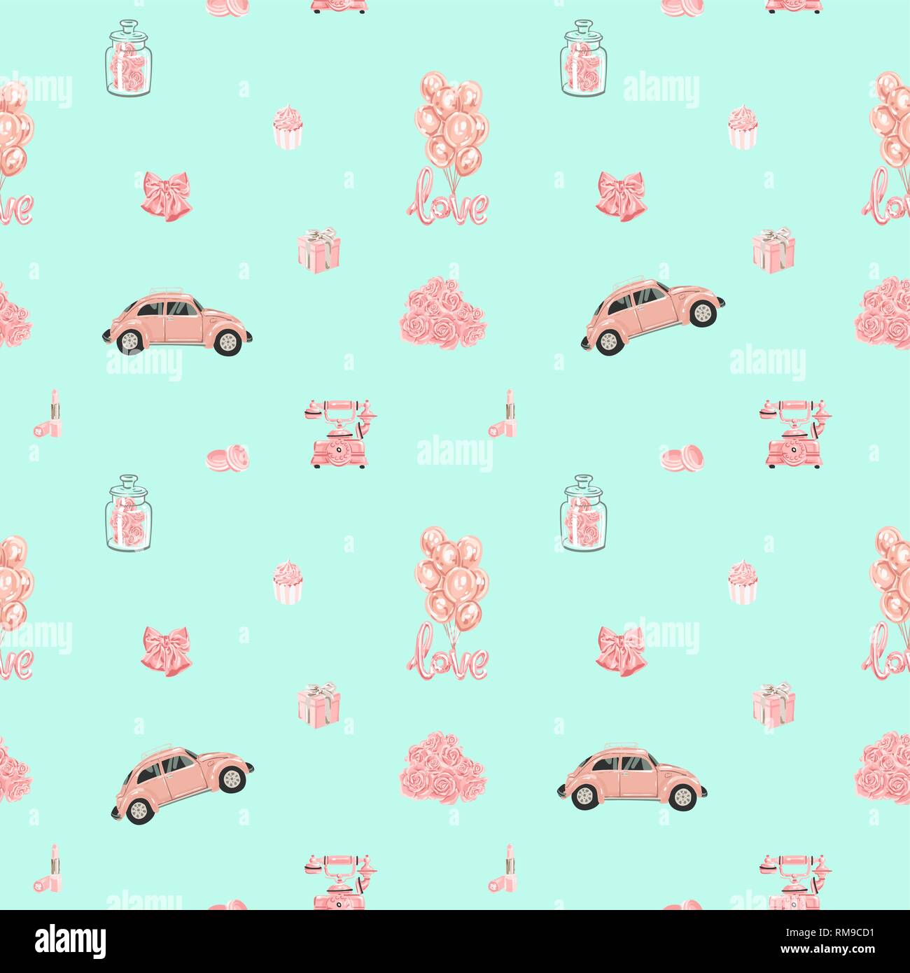 Seamless vector pattern with romantic objects in rose gold Stock Vector