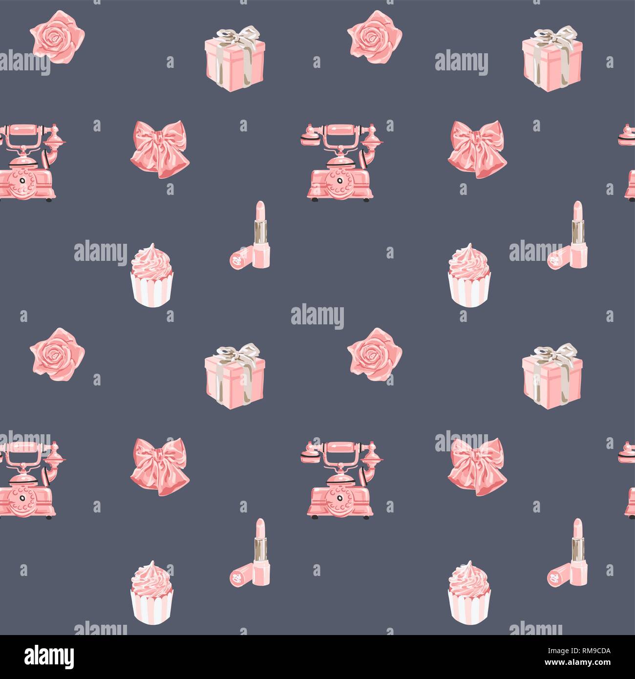 Seamless vector pattern with romantic objects in rose gold Stock Vector
