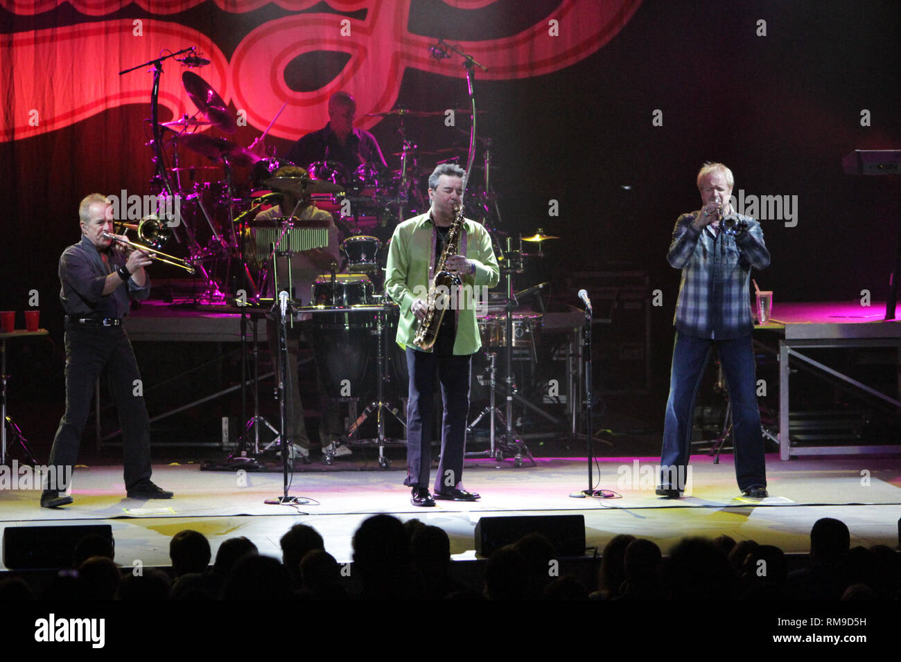 Chicago band members are shown performing on stage during a 'live' concert appearance. Stock Photo