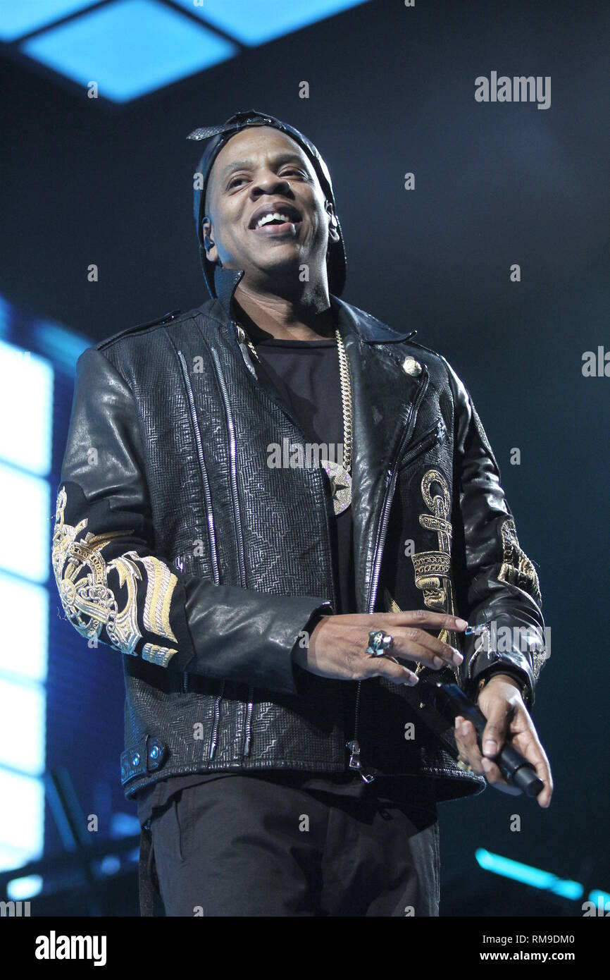 Hip hop artist Shawn Corey Carter, better known as Jay-Z, is shown performing on stage during a 'live' concert appearance. Stock Photo
