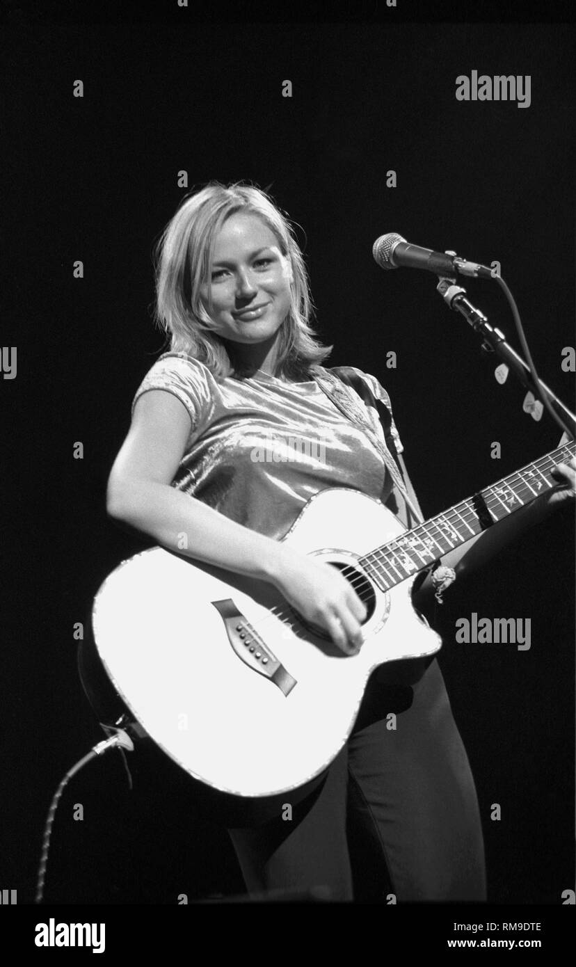 Singer, songwriter and guitarist Jewel Kilcher generally known just by her first name Jewel, is shown performing on stage during a 'live' concert appearance. Stock Photo