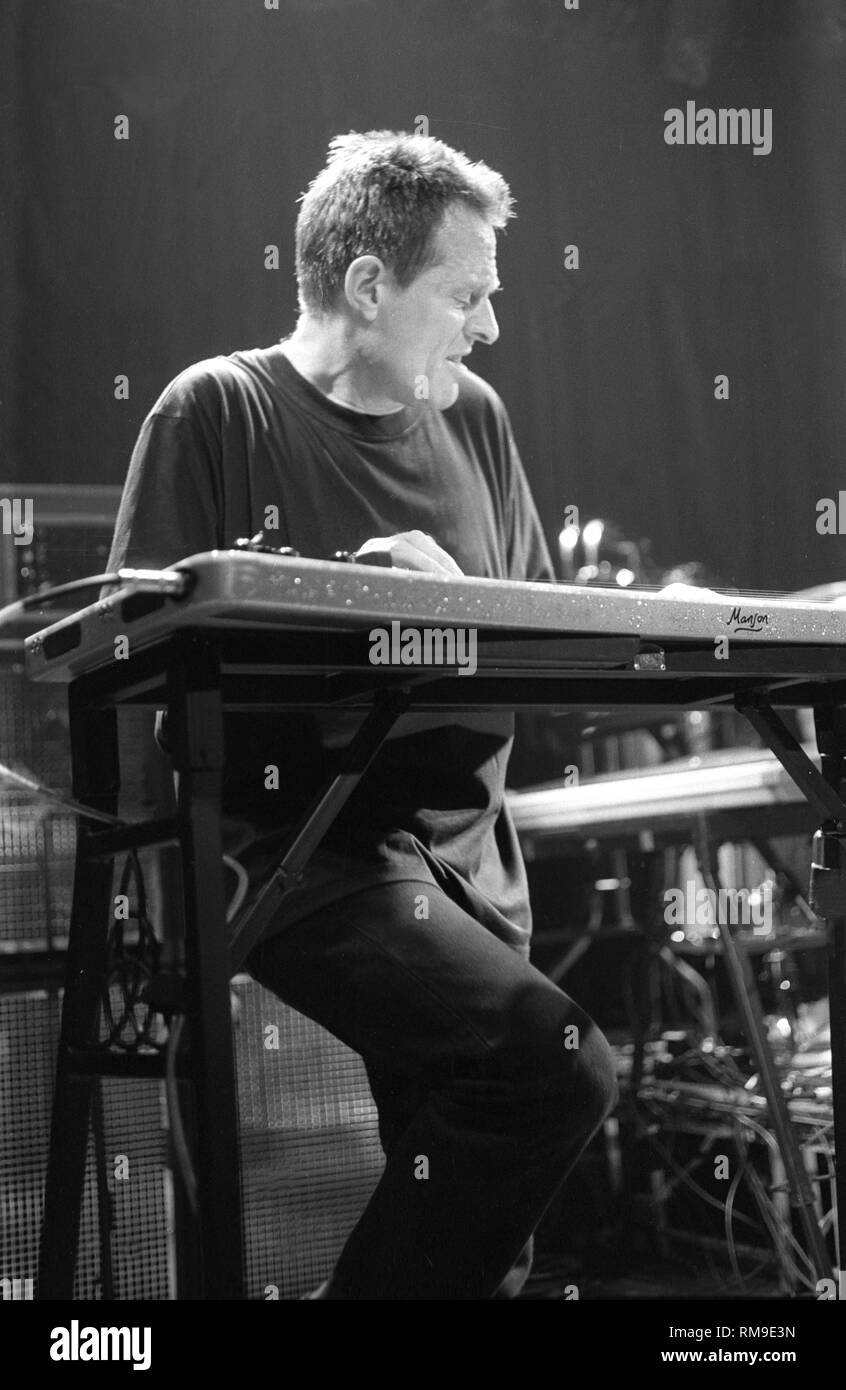 English musician, composer, arranger, record producer, and multi-instrumentalist John Paul Jones is shown performing on stage during a 'live' concert appearance. Stock Photo