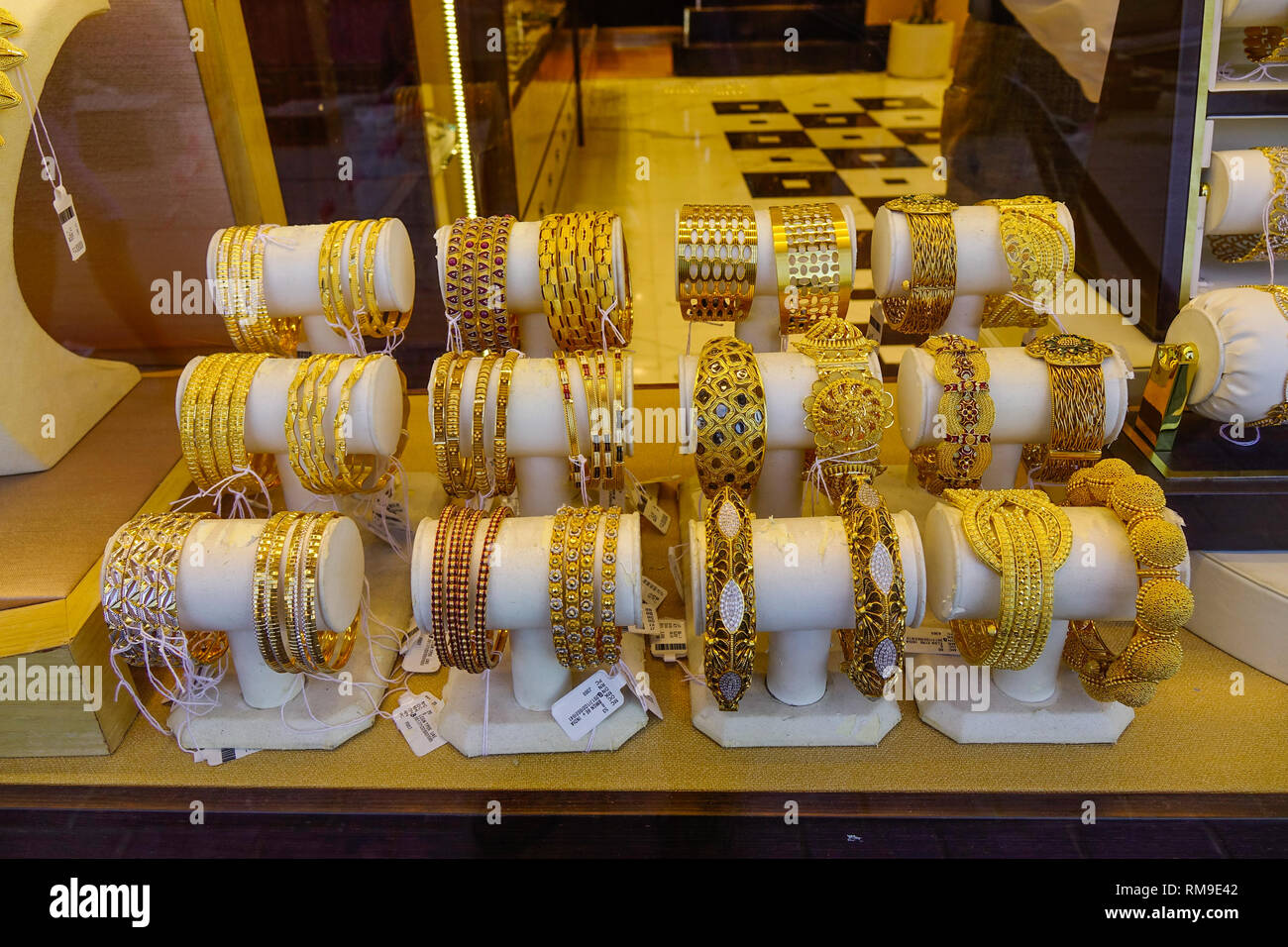 Dubai, UAE Dec 6, 2018. Gold jewelry in the display window of a