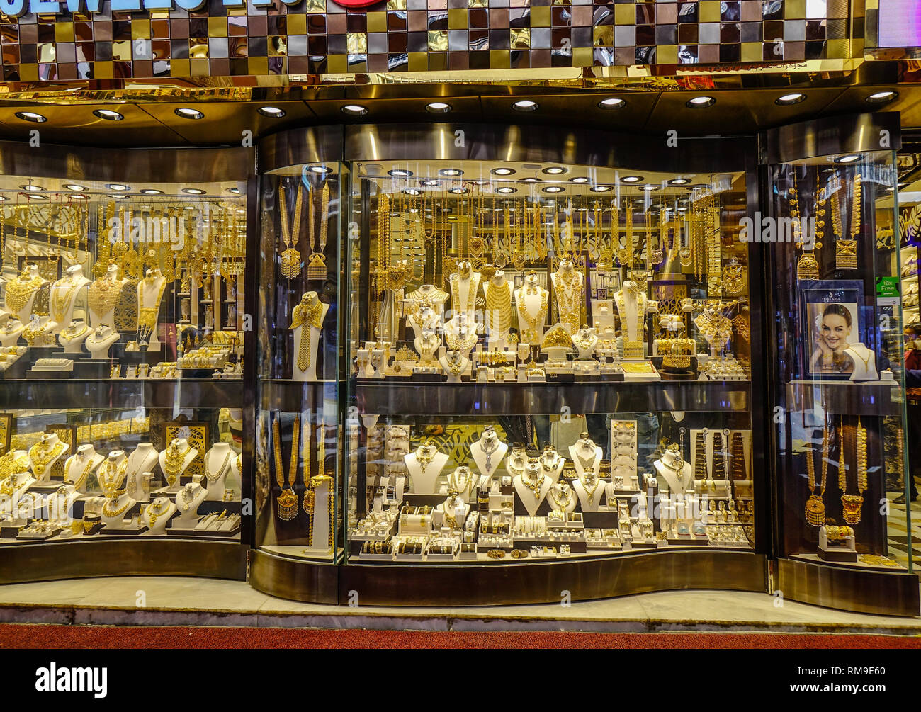 Dubai, UAE Dec 6, 2018. Gold jewelry in the display window of a