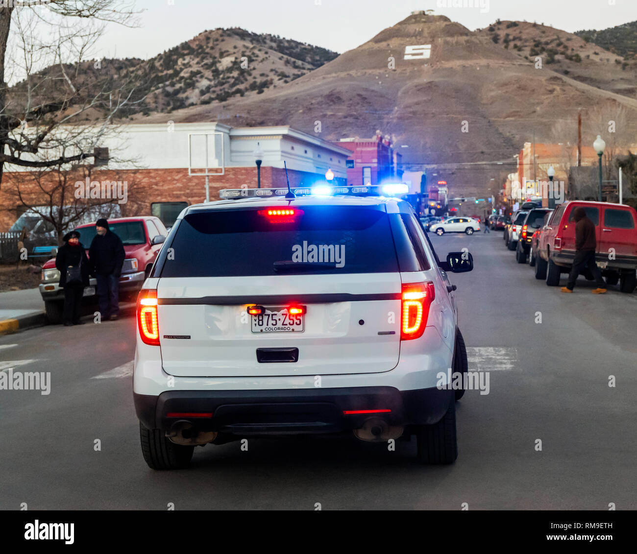 Police car & lights; escort a parade in small town of Salida; Colorado; USA Stock Photo