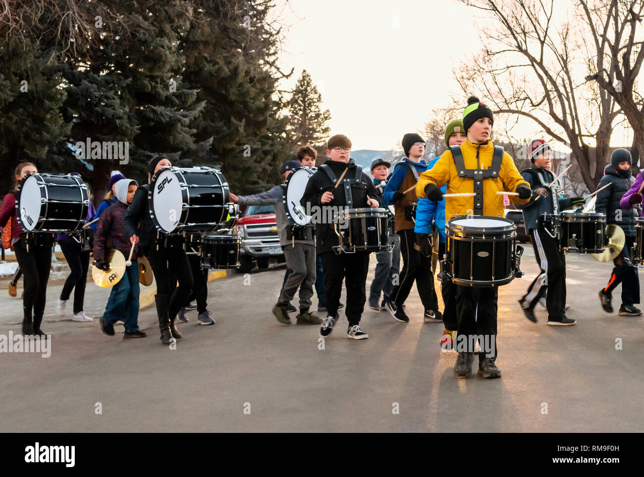 School student band playing instruments in Salida's 3rd annual Lunar New Year Parade. The year of the Pig. Stock Photo