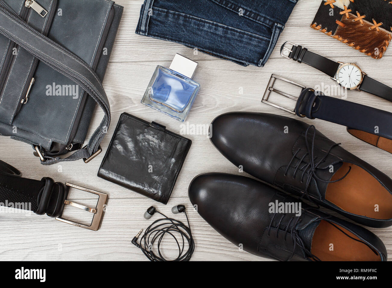 Shoulder bag, pair of black leather men's shoes, belts for men