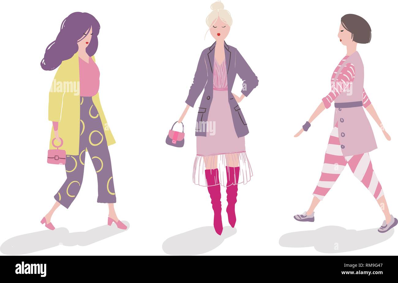 Group of fashionable girls walking and posing Stock Vector
