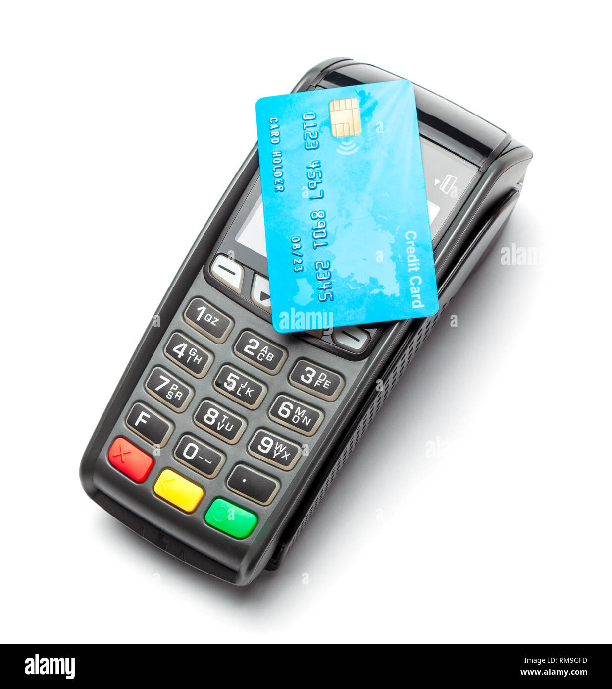 POS terminal, Payment Machine with credit card isolated on white background. Contactless payment with NFC technology Stock Photo