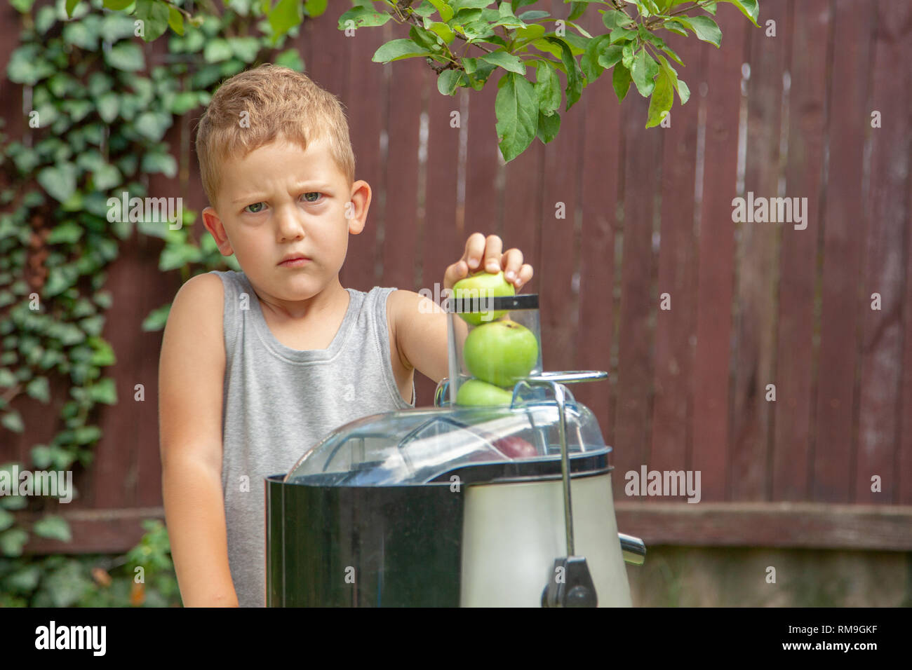 Angry child boy making juice from green apples in juicer outdoors ...