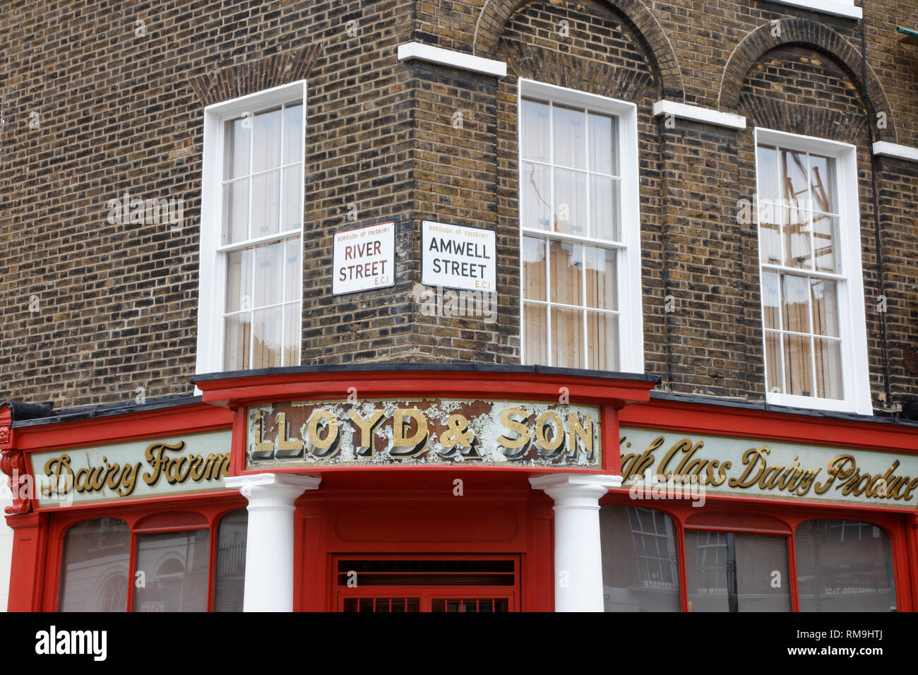 Facade of the old Lloyd & Son Welsh dairy on the corner of Amwell Street and River Street, Finsbury, London, UK Stock Photo