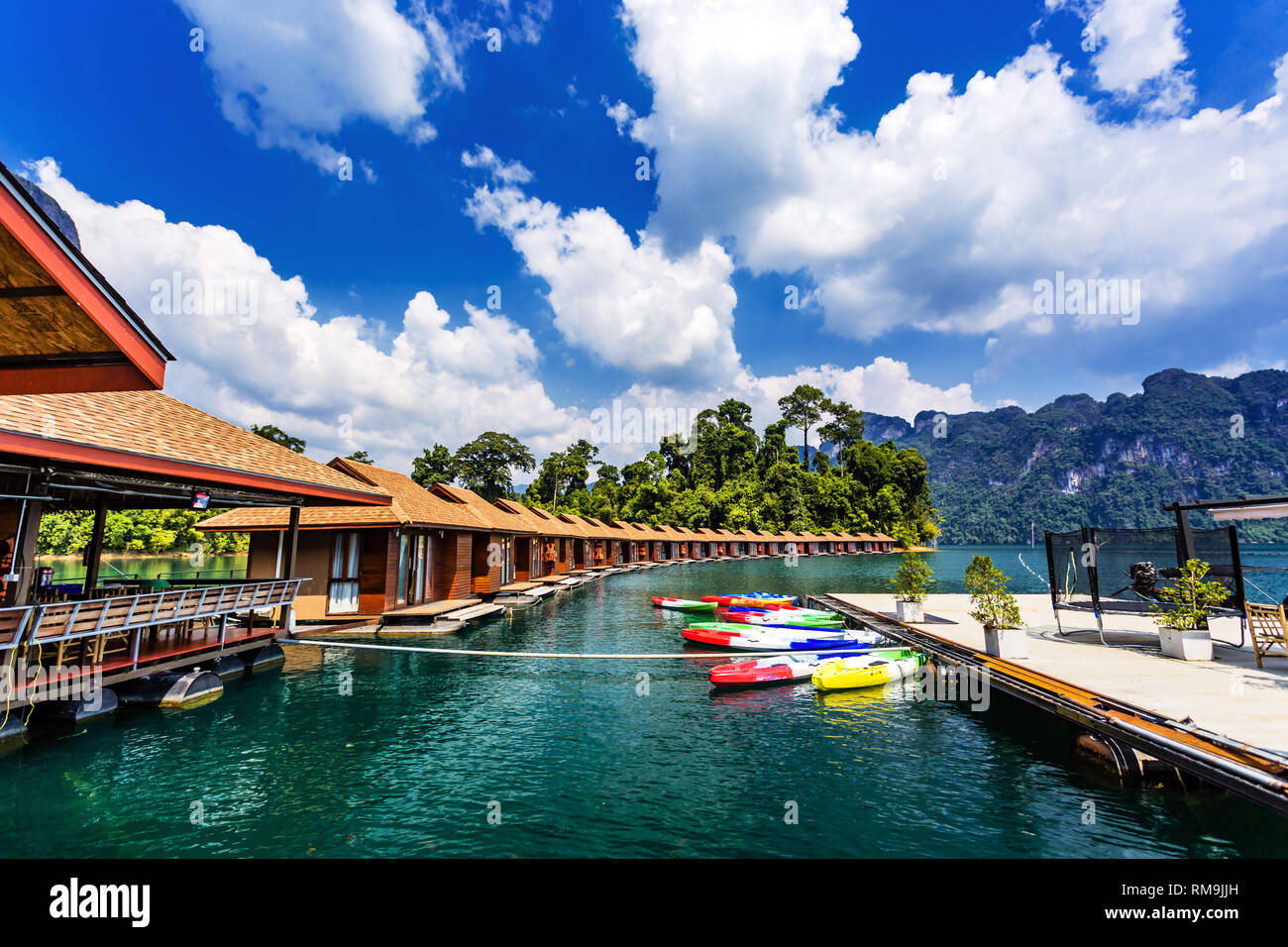 Floating Bungalows with kayaks at Khao Sok National Park, Cheow Lan