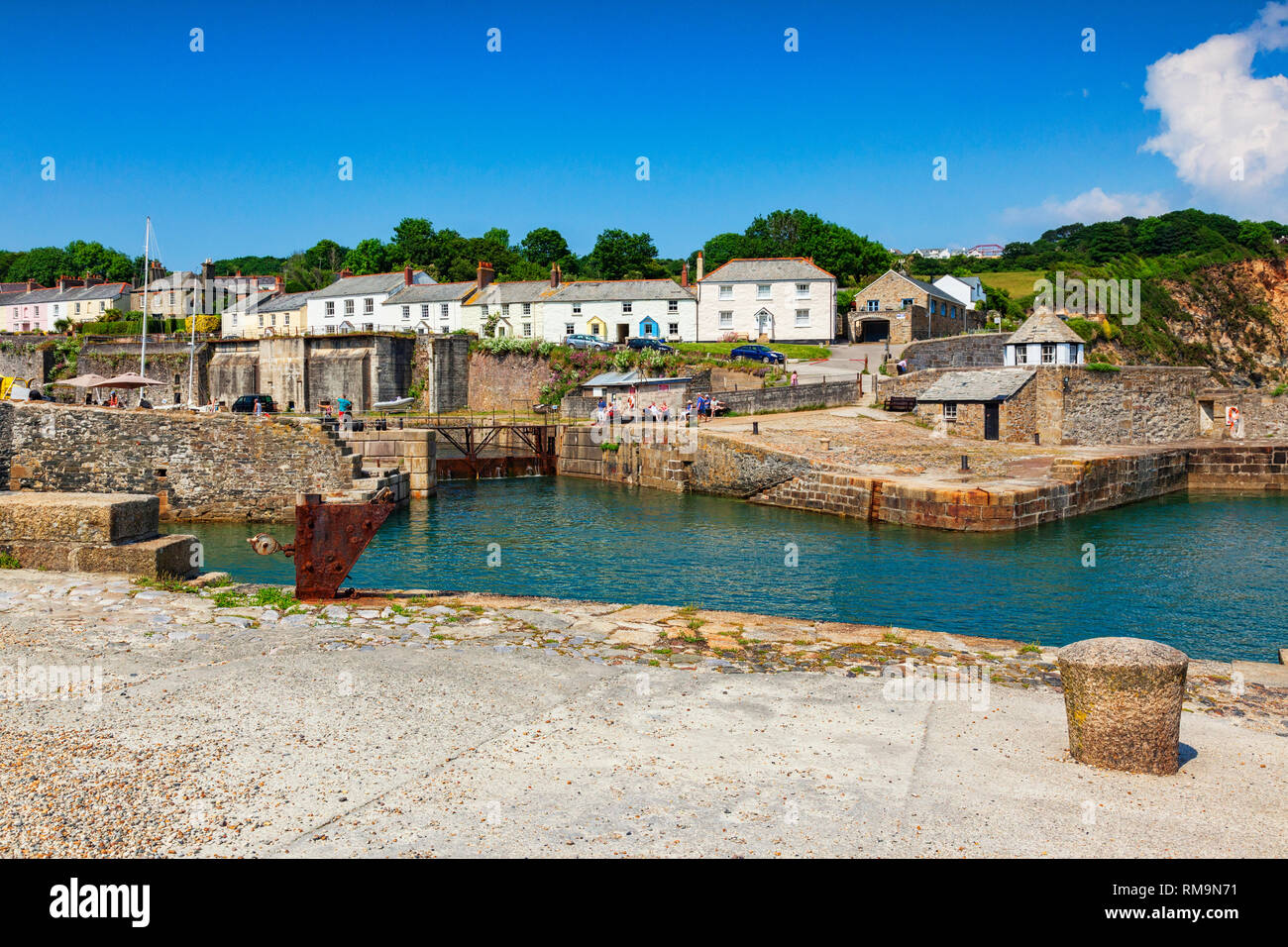 11 June 2018: Charlestown, Cornwall, UK - An unspoiled example of a Georgian working port, it was built between 1791 and 1801, and has been used as a Stock Photo