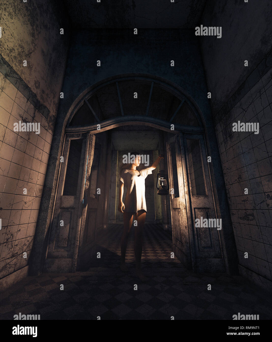 Girl being lost in haunted house,3d illustration Stock Photo - Alamy