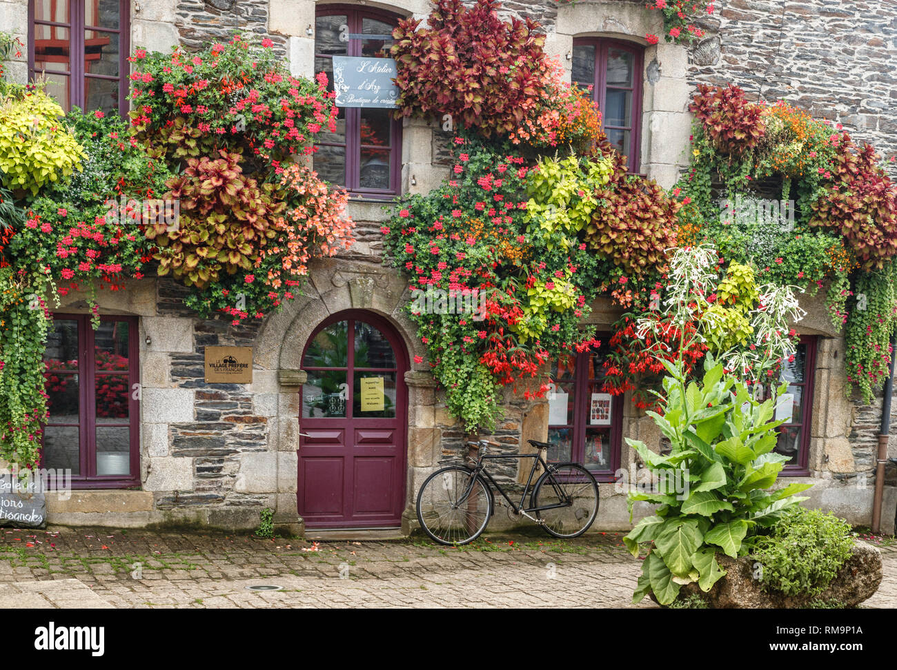 France, Morbihan, Rochefort en Terre, labelled Les Plus Beaux Villages de France (The Most Beautiful Villages of France), Place du Puits, vegetated ho Stock Photo