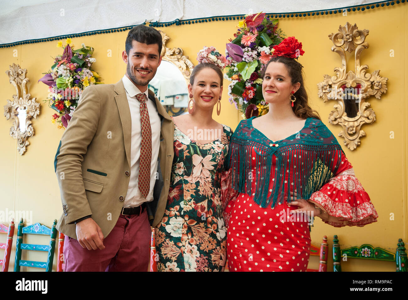 SPAIN, SEVILLE: The ‘Feria de April’, the April Fair, is Seville’s most important festival besides the Semana Santa, the Easter week. A whole neighbou Stock Photo
