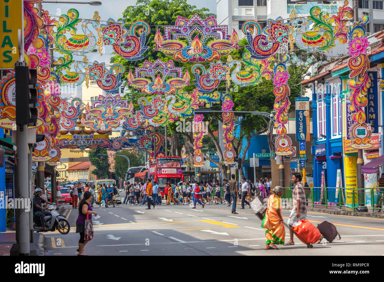 Deepavali or Diwali Decorations in Serangoon Road, Little India, Singapore. Stock Photo