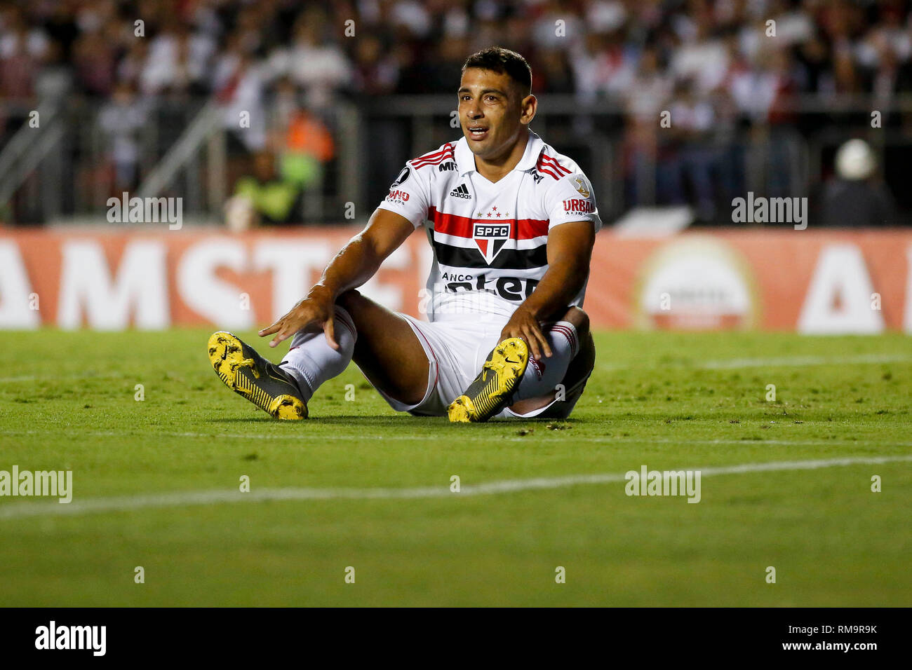 São Paulo, Brazil. 13th Feb 2019. Diego Souza regrets the goal lost during the match between São Paulo FC and Talleres (Argentina), valid for the second phase of the Copa Libertadores 2019, held at the Estádio do Morumbi, in São Paulo. (Photo: Marco Galvão/Fotoarena) Credit: Foto Arena LTDA/Alamy Live News Stock Photo