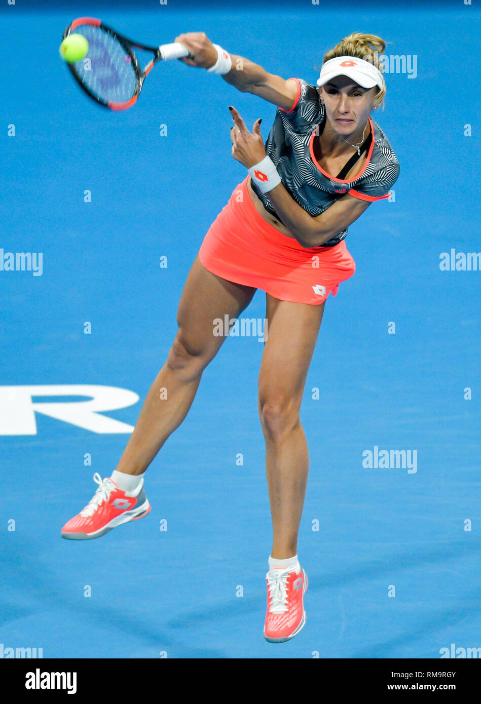 Doha, Qatar. 13th Feb, 2019. Lesia Tsurenko of Ukraine serves during the  women's singles second round match between Simona Halep of Romania and  Lesia Tsurenko of Ukraine at the 2019 WTA Qatar