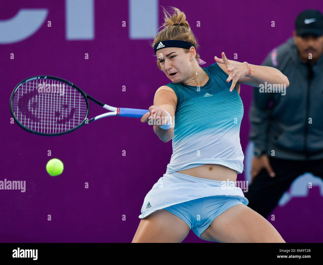 Doha, Qatar. 13th Feb, 2019. Karolina of the Czech Republic hits a during the singles second round match between Karolina Muchova of the Czech Republic and Hsieh Su-wei of