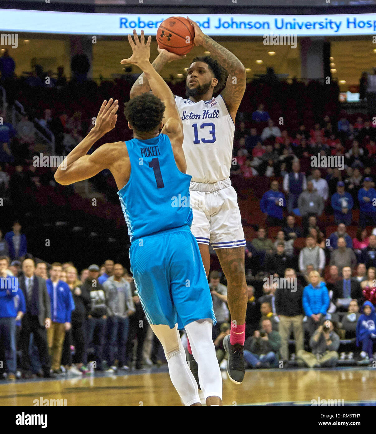 Newark, New Jersey, USA. 13th Feb, 2019. Seton Hall Pirates guard Myles