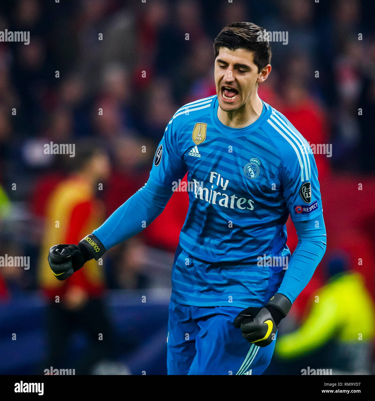 AMSTERDAM, - Real Madrid 1-2, Champions League Season 2018 / 13-02-2019, Johan Cruijff Arena, Real Madrid Thibaut Courtois celebrates the 1-2 of his team Stock Photo - Alamy