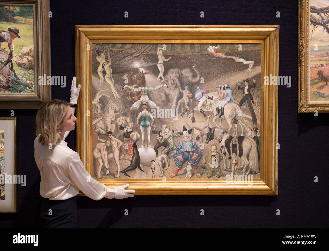 Bonhams, New Bond Street, London, UK. 14 February, 2019. A fully realised  study of one of Dame Laura Knight's most significant and ambitious circus  paintings Charivari on view at Bonhams New Bond