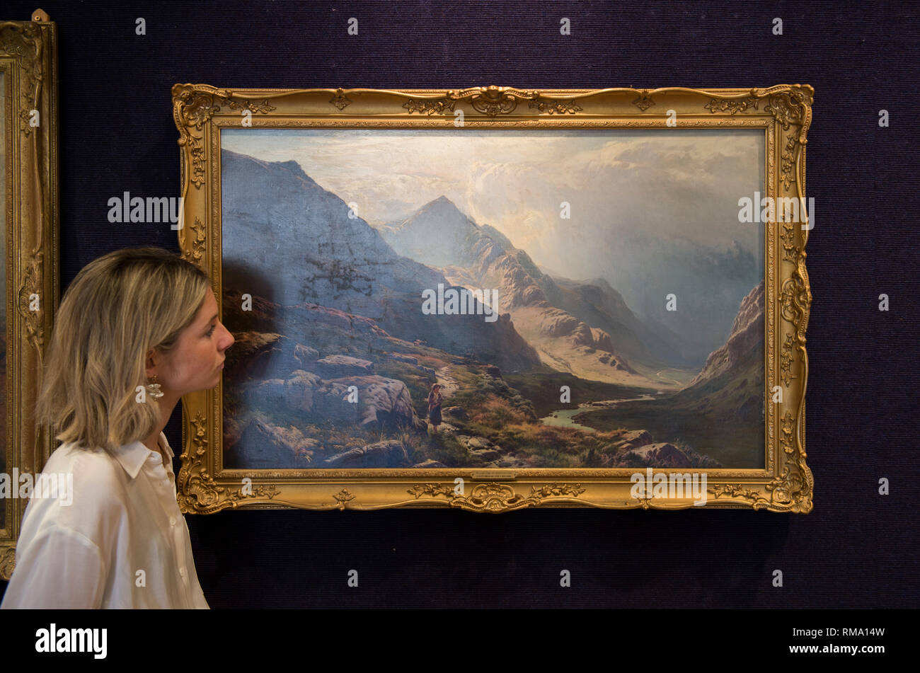 Bonhams, New Bond Street, London, UK. 14 February, 2019. The Mountain Pass by Sidney Richard Percy on view at Bonhams New Bond Street saleroom in the 19th Century European, Victorian and British Impressionist Art sale preview. It has an estimate of £15,000-20,000. Credit: Malcolm Park/Alamy Live News. Stock Photo