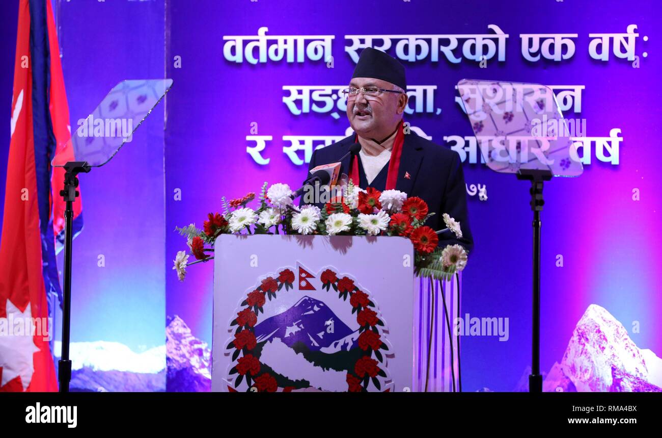 Kathmandu. 14th Feb, 2019. Nepal's Prime Minister KP Sharma Oli speaks during his address to nation at Singhadurbar in Kathmandu, Nepal, Feb. 14, 2019. Oli addressed the nation marking the completion of one year in office as the Prime Minister of the country. He shared about the major achievements on development of various sectors and about the future plans and strategies in his address. Credit: Xinhua/Alamy Live News Stock Photo