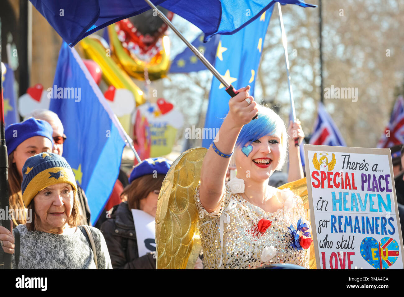 Westminster, London, UK. 14th Feb, 2019. Pro- and anti-Brexit protesters rally in outside the Houses of Parliament and near the College Green media platforms in Westminster. Credit: Imageplotter News and Sports/Alamy Live News Stock Photo