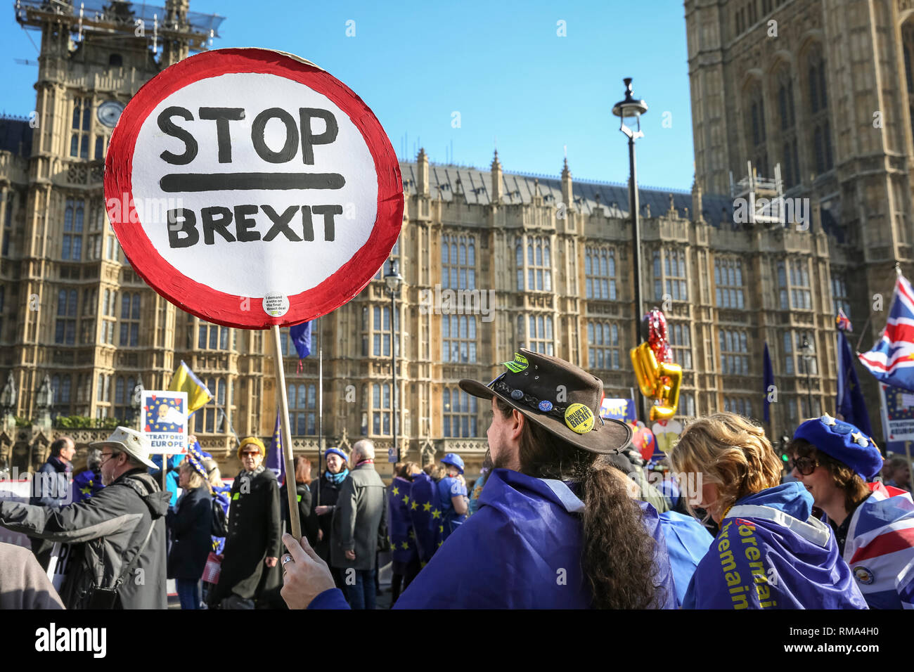 Westminster, London, UK. 14th Feb, 2019. Pro- and anti-Brexit protesters rally in outside the Houses of Parliament and near the College Green media platforms in Westminster. Credit: Imageplotter News and Sports/Alamy Live News Stock Photo