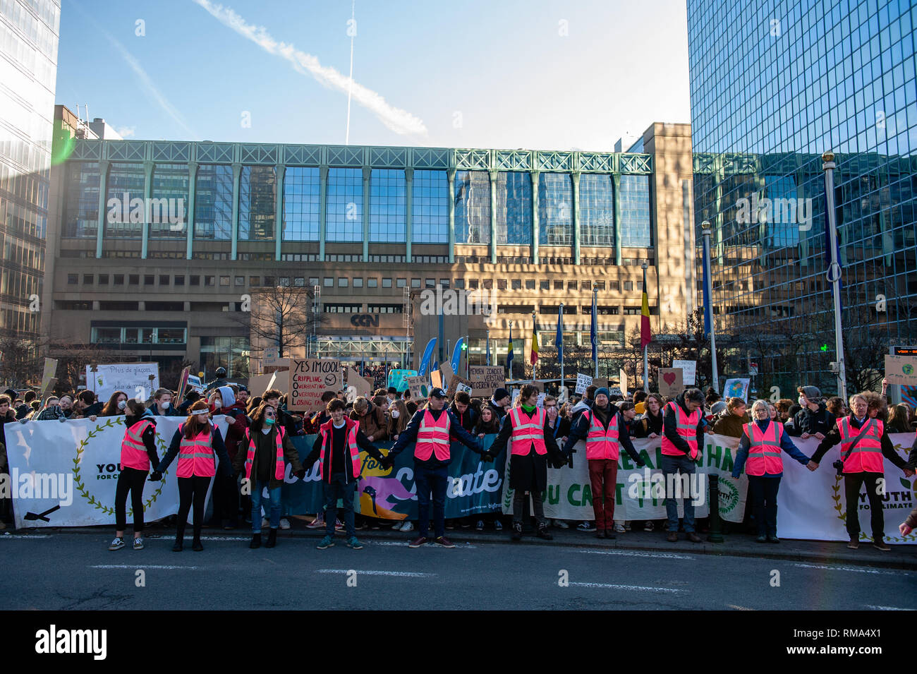 Brussels, Belgium. 14th Feb, 2019. Belgians students are seen holding  placards while shouting slogans during the demonstration.For the sixth  consecutive Thursday, Belgian students skipped the school to demonstrate  for better climate policy.