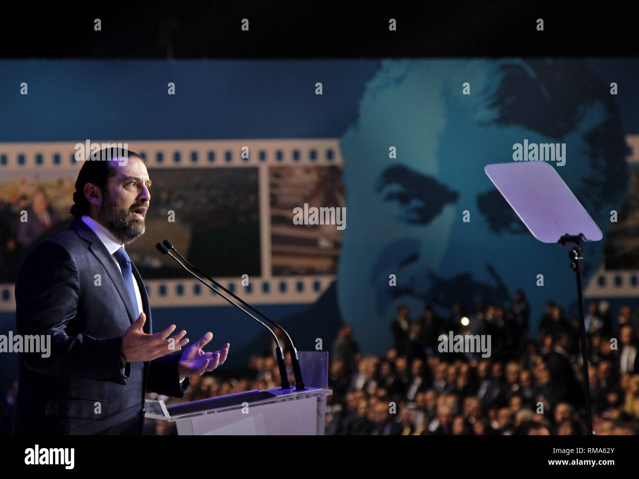 Beirut, Lebanon. 14th Feb, 2019. Lebanese Prime Minister Saad Hariri gives a speach during a mass rally to mark the 14th anniversary of the assassintaion of former Prime Minister Rafic Hariri. Credit: Marwan Naamani/dpa/Alamy Live News Stock Photo