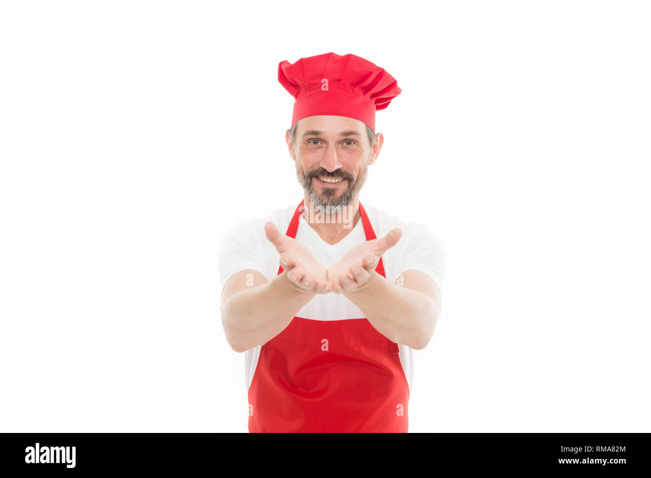 Giving Something Bearded Mature Man In Chef Hat And Apron Senior Cook With Beard And Moustache 
